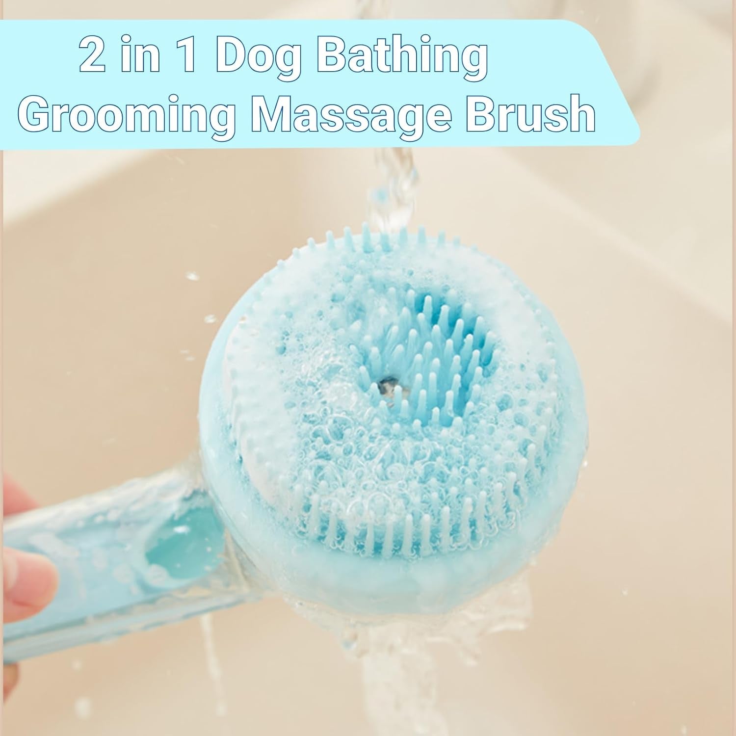 Dog Bath Brush, 2 in 1 Pet Grooming Bath Massage Brush with Soap and Shampoo Dispenser Soft Silicone Bristle Dog Scrubber for Long Short Haired Dogs Cats Shower-Blue